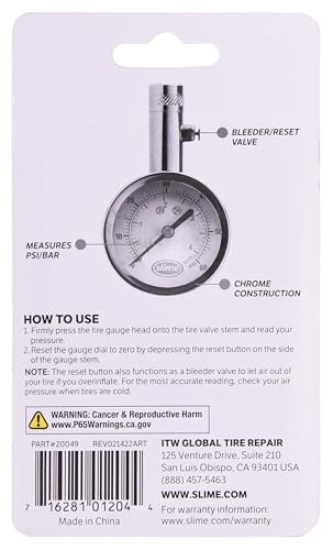 Image of Slime 20049 Tire Pressure Gauge, Large Face Dial Analogue Gauge, 5-60 PSI