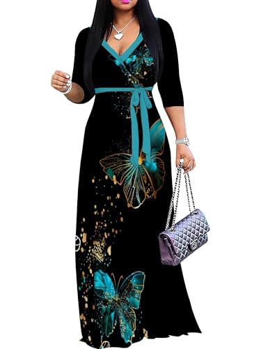 Image of Women's V Neck Floral Maxi Dress 3 /4 Sleeve Plus Size Boho Wrap Flowy Long Dresses with Belt