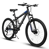 Ecarpat Full Dual Suspension 24 Inch Mountain Bike, 21-Speed Disc Brake, Front Fork Rear Shock Absorber Carbon Steel Frame Mountain Bike, Mens Womens Trail Commuter City Bicycles