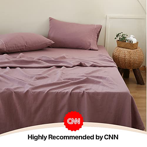 Simple&Opulence 100% Washed Linen Sheet Set-Twin Size-Natural France Flax Bed Sheet-3 Pcs Breathable,Ultra Soft,Farmhouse Bedding (1 Flat Sheet,1 Fitted Sheet,1 Pillowcase)-Embroidery Purple #TOP6