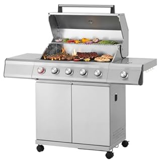 Tarrington House Barbecue a Gas con 4+1+1 Bruciatori Glenwood, Acciaio Inox, Coperchio con Termometro, Piastra, Accensione Elettrica, Argento
