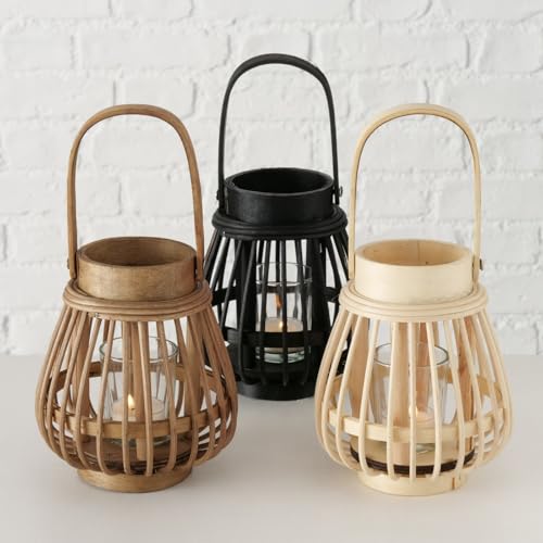 Dekorative Laternen Set 3 Stück Bambus Windlichter in Rund Natur/Schwarz/Beige Kerzenhalter Dekokerze – Bild 2