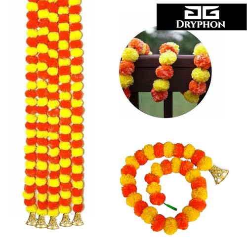 Image of Marigold Garlands Decoration with Bell, Artificial Flowers for Decorations Hanging Garlands for Home Decorations, Ganpati Decoration /Diwali Decoration for Home Decor- (Multicolor, Pack of 15)