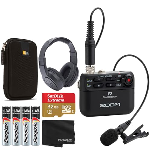 Zoom F2 Portable Field Recorder Bundle with LMF-2 Lavalier Microphone, 32GB Memory Card, Over-Ear Stereo Headphones, Case (Black), 3X Windscreen, Mic Clip for Lavalier Microphone, 4 AAA Batteries