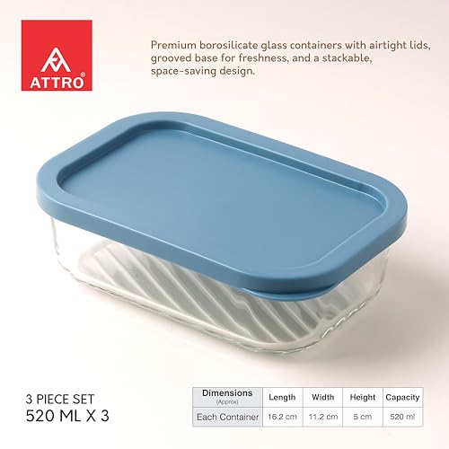 Image of ATTRO Storeit Borosilicate Glass Storage Containers - 520ml, Set of 3, Transparent & Stackable with PE Lids, Microwave, Fridge & Dishwasher Safe, Ideal for Kitchen & Leftovers- Blue