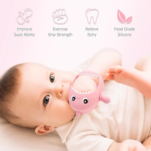 Image of Cute Shark Teething Mitten Toy for Babies, Never Drop Silicone Baby Teether, Hand Pacifier for Babies to Suck and Chew, (Pink)