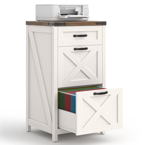 Halitaa 3 Drawer Small File Cabinet, Farmhouse Vertical Filing Cabinet Fits Letter/A4 Size, Wooden File Cabinets Printer Stand for Home Office, Living Room, Rustic White