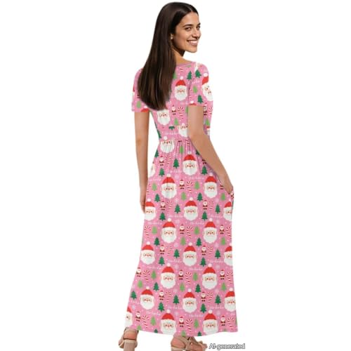 Image of Women's Fall Summer Short Sleeve Ankle Length V-Neck Party Dress with Pockets Size S-3XL