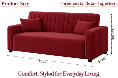 Image of Modern 3 Seater Sofa | Vertical Channel Tufted Backrest & Armrests | Plush Cushioned Seating | Contemporary Upholstered Couch for Living Room, Bedroom & Office - Red Color