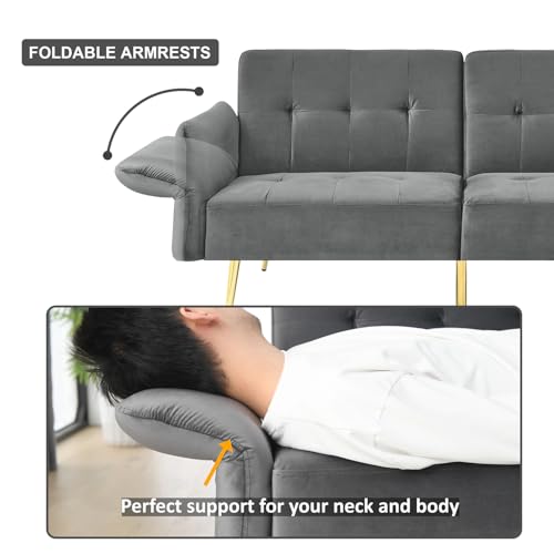 WinJoy Convertible Futon Sofa Bed with Folded Backrest, Multi-Functional Velvet Sleeper Sofa Couches with Storage Adjustable Armrests for Living Room, Apartment, Small Space, Gray