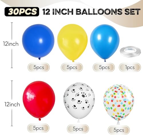Image of Dog Paw Balloons, 12 Inch Carnival Circus Balloons Red Yellow Blue and White Paw Print Puppy Balloons Colorful Confetti Latex Balloon for Dog Themed Birthday Party Decorations