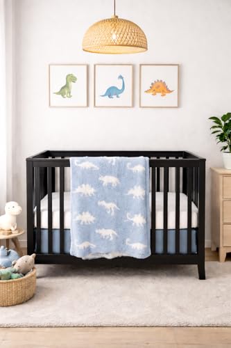 Image of L+L USA DreamSoft Dinosaur T-Rex Baby Blanket - Soft Knit Stroller, Crib & Car Seat Blanket for Babies & Toddlers - Cozy Neutral Nursery Throw for Newborns, Infants & Kids - Blue /White
