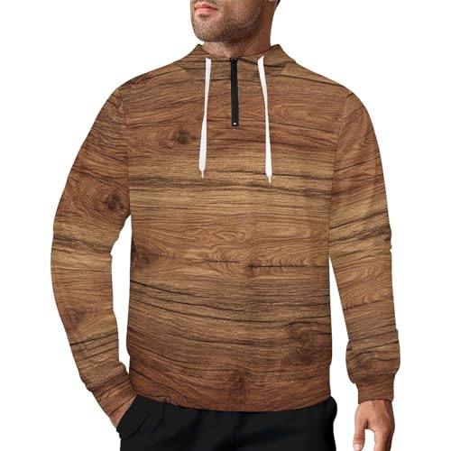 Brown Wooden Flooring Men's Quarter Zip Drawstring Hoodies Long Sleeve Sweatshirt Casual Pullover