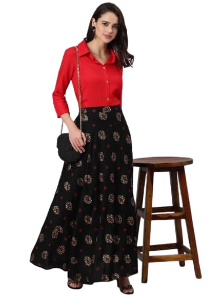 Womens Casual Plain Red Shirt Top with Printed Black Skirt