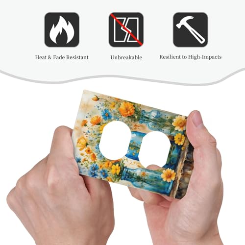 Decorative Outlet Covers Rustic Yellow Flowers Floral Blue Bottles 1 Gang Duplex Light Switch Cover Plate Wall Plates for Electrical Outlets Switchplate Faceplate for Country Bedroom Decor