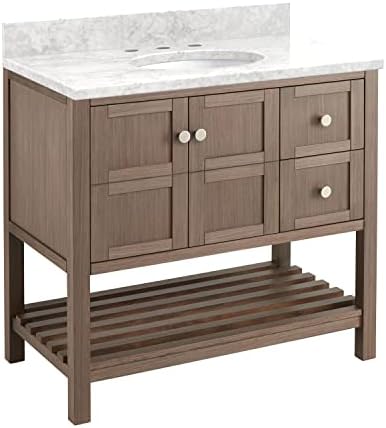 Signature Hardware 949307-UM-8 Olsen 36" Single Vanity Set with Wood Cabinet, Stone Vanity Top, and Oval Undermount Porcelain Sink - 8" Faucet Holes - Ash Brown/Carrara