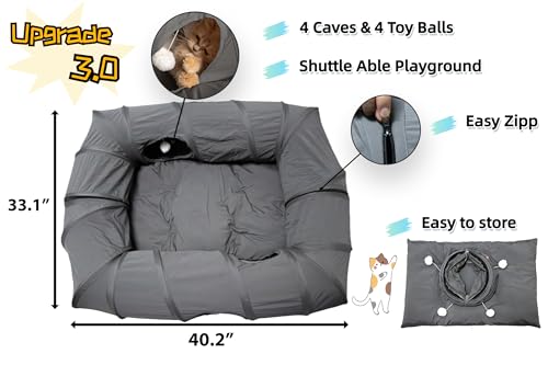 XxingSheep 4 Ways Shuttled XL Cat Tunnel Bed for Indoor Cats Peekaboo Cat Cave Donut with Cool Mat (Dark Gray)