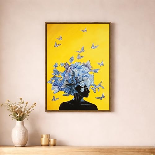 Image of Abstract Woman Portrait Framed Canvas Painting For Living Room | Butterfly Modern Floral Wall Art For Livingroom Wall Decor, Home Decor, Bedroom, Hallway's, Office, Hotel - 43x58 cm