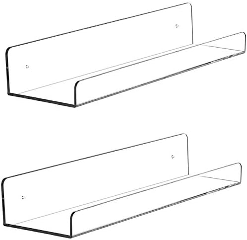 Cq acrylic 15" Invisible Acrylic Floating Wall Ledge Shelf, Wall Mounted Nursery Kids Bookshelf, Invisible Spice Rack, Clear 5MM Thick Bathroom Storage Shelves Display Organizer, 15" L,Set of 2