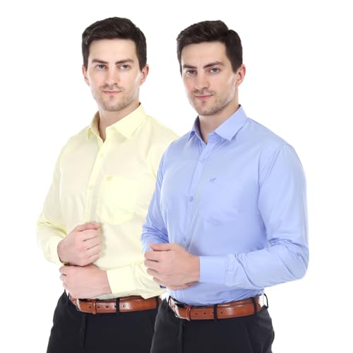 Image of Men's Solid Cotton Blend Formal Shirt with Pocket | Plain Design with Spread Collar & Full Sleeves - Regular Fit (Pack of 2)