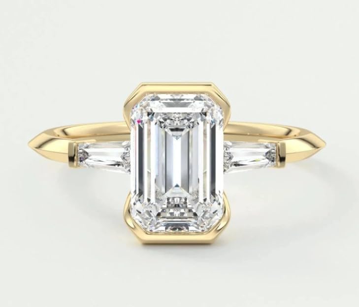 3.50 Ct Emerald Cut Half Bezel Set Tapered Baguette Cut Engagement Ring,14 Kt Gold Plated Wedding Gift,Emerald Cut Engagement Gift,GIfted For Her.size 3-122