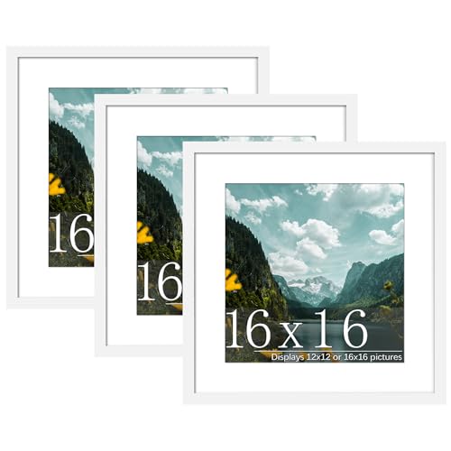 Picrit 16x16 Picture Frame 3 Pack, White Poster Frame, Display Poster 12 x 12 with Mat or 16 x 16 without Mat for Horizontal or Vertical Wall Mounting