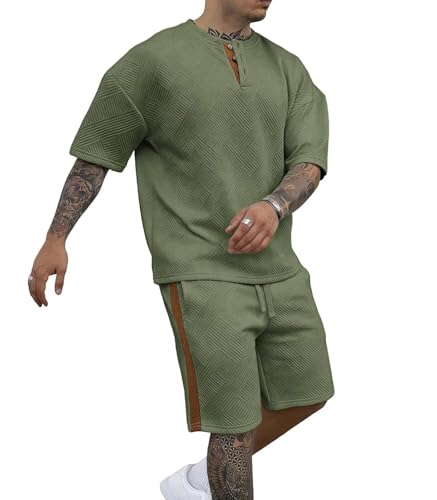 Remxi Conjunto deportivo de 2 piezas para hombre, con camiseta Henley de jacquard y pantalones cortos, conjuntos casuales para correr, conjuntos de verano a juego, Ejercito Verde, M
