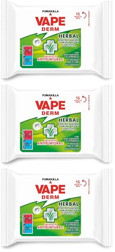 Vape Derm Herbal, Repellente Zanzare e Altri Volanti, Salviette Antipuntura, confezioen da 15 Pz, 80 g (Confezione da 3)