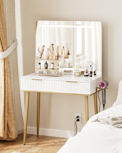 Apetaccat Makeup Vanity Desk with Lights and Mirror, Small Makeup Vanity Table with 2 Drawers, Dressing Table with 3 Adjustable Lighting Color, Small Makeup Desk for Bedroom, White with Gold Leg