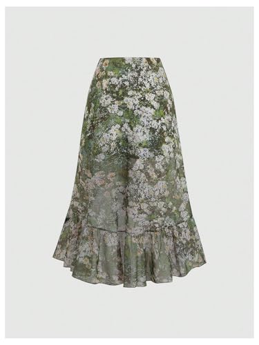 Women's Floral Long Mesh Skirt Vintage Ruffle Elastic High Waisted A Line Boho Flowy Skirts2