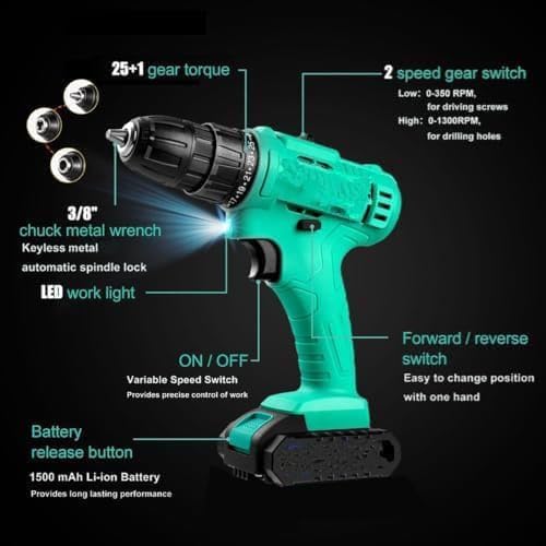 Image of HELLARO 21V Cordless Drill Machine cum Screwdriver | Two 1.5Ah Li-Ion Batteries | Torque 25+1 | 2 Speed Driver | Handheld Drills (Cordless Drill, 2battery & Charger with accessories)