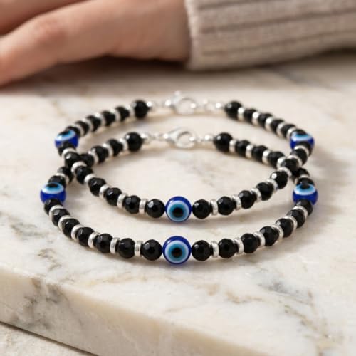 Image of Parnika (Formerly MJ 925 Traditional Silver & Black Crystals Baby Nazariya Kids Silver Bracelet in Pure 92.5 Sterling Silver for Kids - One pair