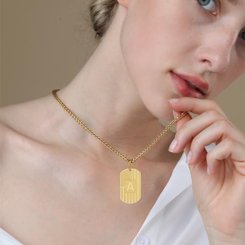 DuoDiner Initial Necklace Gifts for Men Boys Kids,A-Z Capital Letter American Flag Dog Tag Necklaces 24 Inches Stainless Steel Mens Jewelry Gifts3