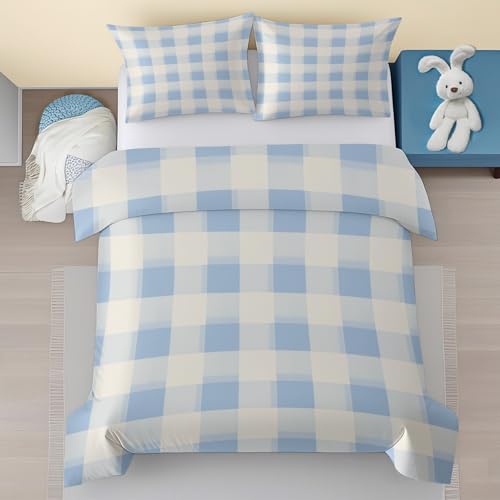Carreaux Buffalo Housse de Couette 90x190 Enfant, Bleu Blanc Vichy Microfibre Parure de Lit 1 Personne - Géométrique Moderne Parure de Couette avec Fermeture éclair avec 1 Taie d'oreiller 40x60