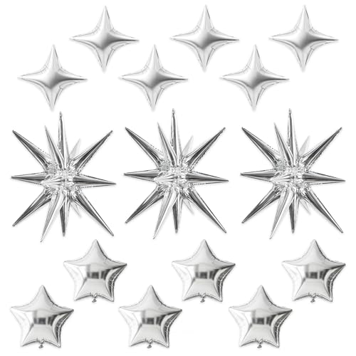 Image of TONIFUL 22Inch 15Pcs Silver Large Explosion Star Mylar Balloons and 10Inch Four Pointed Star Balloons Set for Christmas New Year Birthday Wedding Bridal Shower Anniversary Photo Booth Supplies
