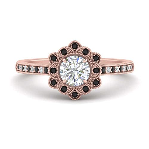 Image of 55Carat Choose Your Gemstone Milgrain Floral Halo Diamond CZ Ring Rose Gold Plated Round Shape Halo Engagement Rings Everyday Jewelry Wedding Jewelry Handmade Gifts for Wife US Size 4 to 12
