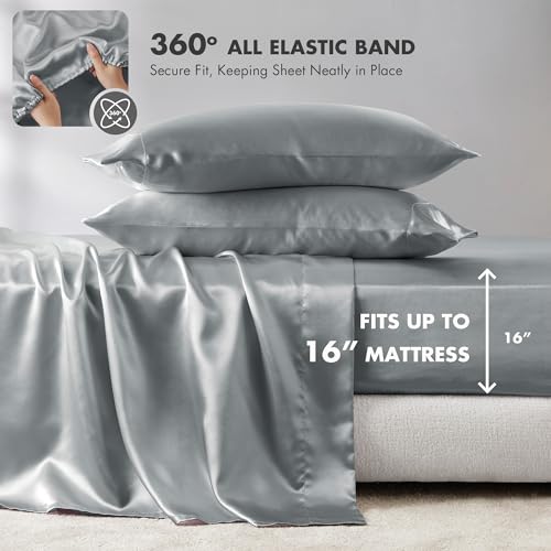 Image of Madison Park Essentials Satin Sheets Cal King Size Bed Set, 6 Piece, Grey | Luxury and Smooth Silky Bedding with Natural Sheen, All Around Elastic 14 inch Pocket fits up to 16 inch Mattress, Year-Round Cozy