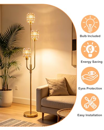 Image of 66IN Glass Floor Lamp 3-Lights Modern Gold Dimmable Floor Lamps with 3000K Warm White Bulbs for Wedding Party Tall Standing Lamp with Amber Glass Shade for Living Room /Bedroom /Home Decor