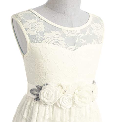 Weileenice Rustic Milky White Bohemian Flower Girls Dress Pearl Belt Wedding Bridesmaid Evening Prom Ball Gown Sleeveless Toddler Dedication Lace Formal Communion Long Christmas Dresses 8-9 Holiday #TOP4