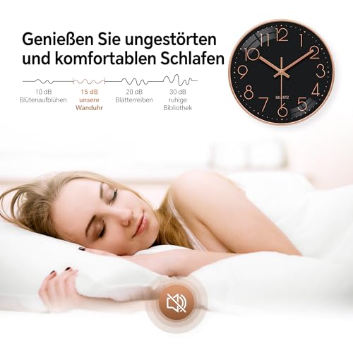 VIKMARI Stiller Wanduhr 25 cm Batteriebetrieben Nicht-Tickend mit 3D-Goldzahlen Quarzuhr Analog Deko für Schlafzimmer Büro Badezimmer (Roségold Schwarz) – Bild 5