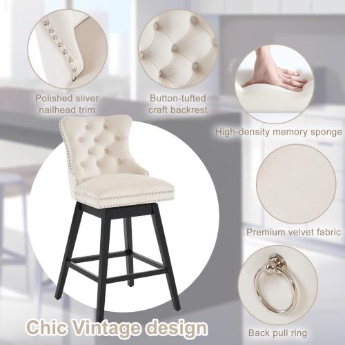 Image of Beige Swivel Bar Stools, Velvet Counter Height Bar Stools Set of 6 | 360 Swivel Bar Chairs, Solid Wood Legs, Upholstered Kitchen Island Stools, Modern Extra Wide Seat (Beige, 30 inch H, 6 Pack)
