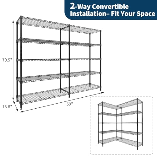 Image of GarveeTech 5-Tier Storage Shelves Metal Shelving Unit 13.8 inch D x 59 inch W x 70.5 inch H, 1325 LBS Heavy Duty Wire Shelving, l-Shaped Storage Rack with Adjustable Shelf for Home, Pantry & Warehouse