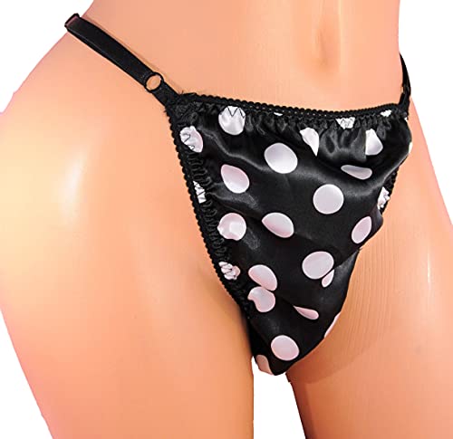 Ania's Poison Sissy Thong Panties Black and White Polka Dot Satin Shiny Black Triangle T-thong Adjustable Men's Thong Panties