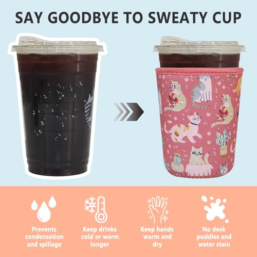Image of 3 Pack Reusable Iced Coffee Sleeves - Xumbtvs Insulator Sleeve for Cold Beverages, Neoprene Coffee Cup Holder (Funny Cat)