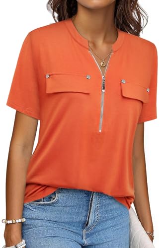 Bulotus Women's Zip Front V-Neck Short Sleeve Work Casual Top Blouse Shirt (Solid and Plaid)