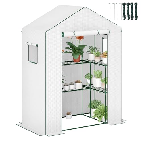 Outsunny Serre de Jardin PE avec étagères 3 Niveaux, Serre de Balcon, bâche renforcée 135 g/m², châssis en Acier, Porte zippée Enroulable, pour légumes Plantes Fleurs, 140x73x190 cm, Blanc