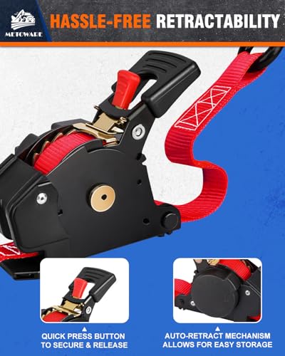 Image of METOWARE Retractable Ratchet Straps (4-Pack) - 1 in x 10 Ft (1500lb Break Strength) - Heavy Duty Auto Self Retracting Tie Down Straps for Truck, Trailer, Cargo Van, Motorcycle - Red