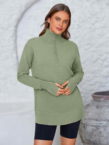 Image of PRETTYGARDEN Womens Long Sleeve Quarter Zip Pullover Sweater | Casual Loose V Neck Sweaters with Thumb Hole, Collared Ribbed Knit Jumper Tops, Oversized Tunic Tops, Fall Outfits 2026