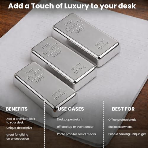 Image of ZAHEPA Realistic Metal Silver Bar Paperweight for Office Table, Fake Silver Biscuit Paper Weight Table Decoration, Prop for Jewellery Shop & Heist Theme, Unique Gift for Home & Office (Pack of 3)