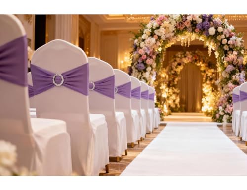 Image of Lavender Chair Sashes 50 Pack, Spandex Chair Bands with Buckles for Wedding Party, Elastic Chairs Bows for Birthday Decoration